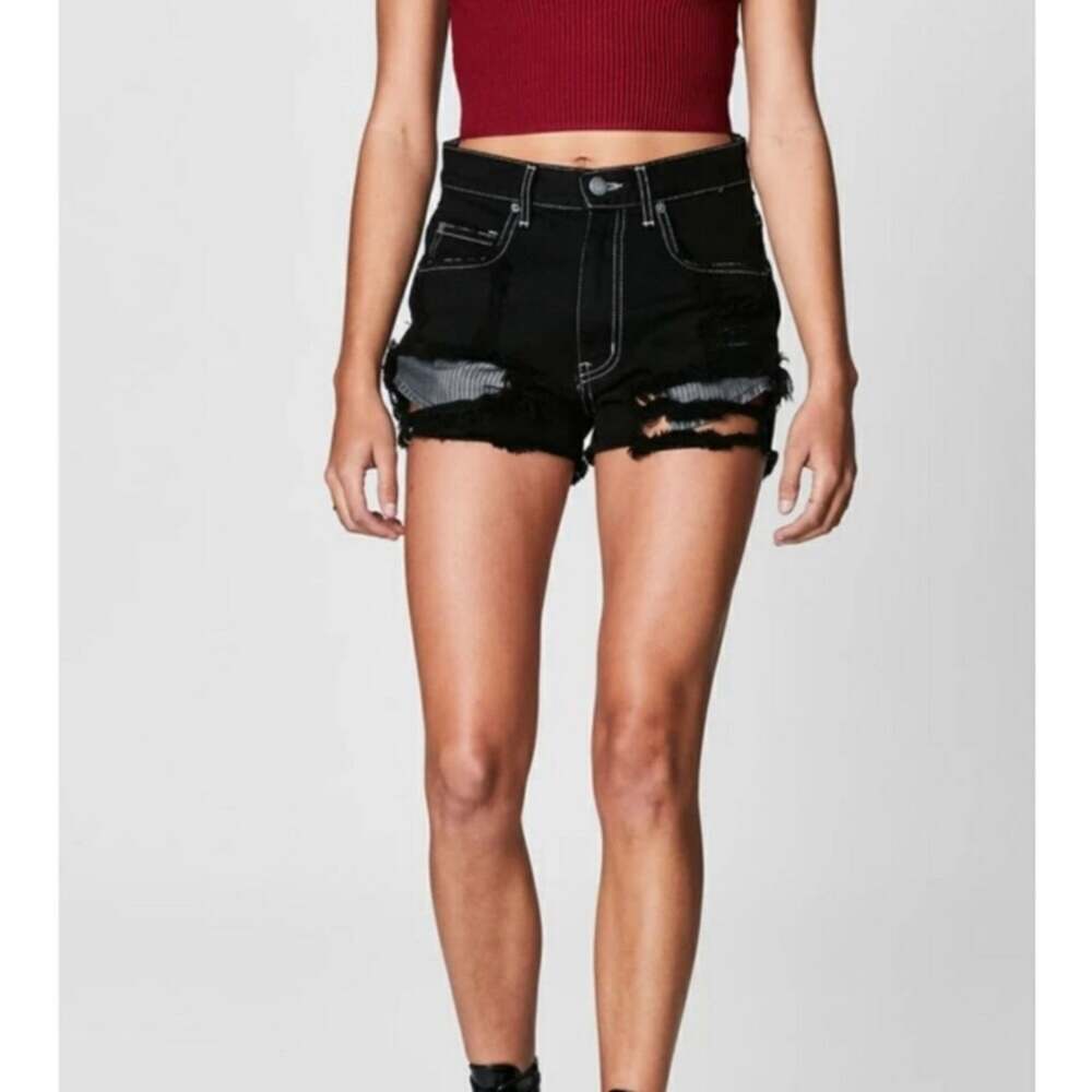 Carmar black distressed destroyed ripped hi rise waist button jean shorts NEW 25